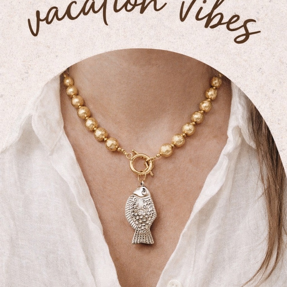 Gold Beaded Necklace with Silver Fish Pendant - Vacation Vibes